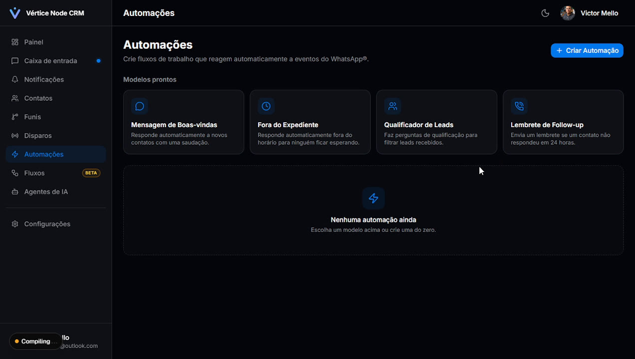 Tela de automações do CRM com modelos prontos: mensagem de boas-vindas, fora do expediente, qualificador de leads e lembrete de follow-up