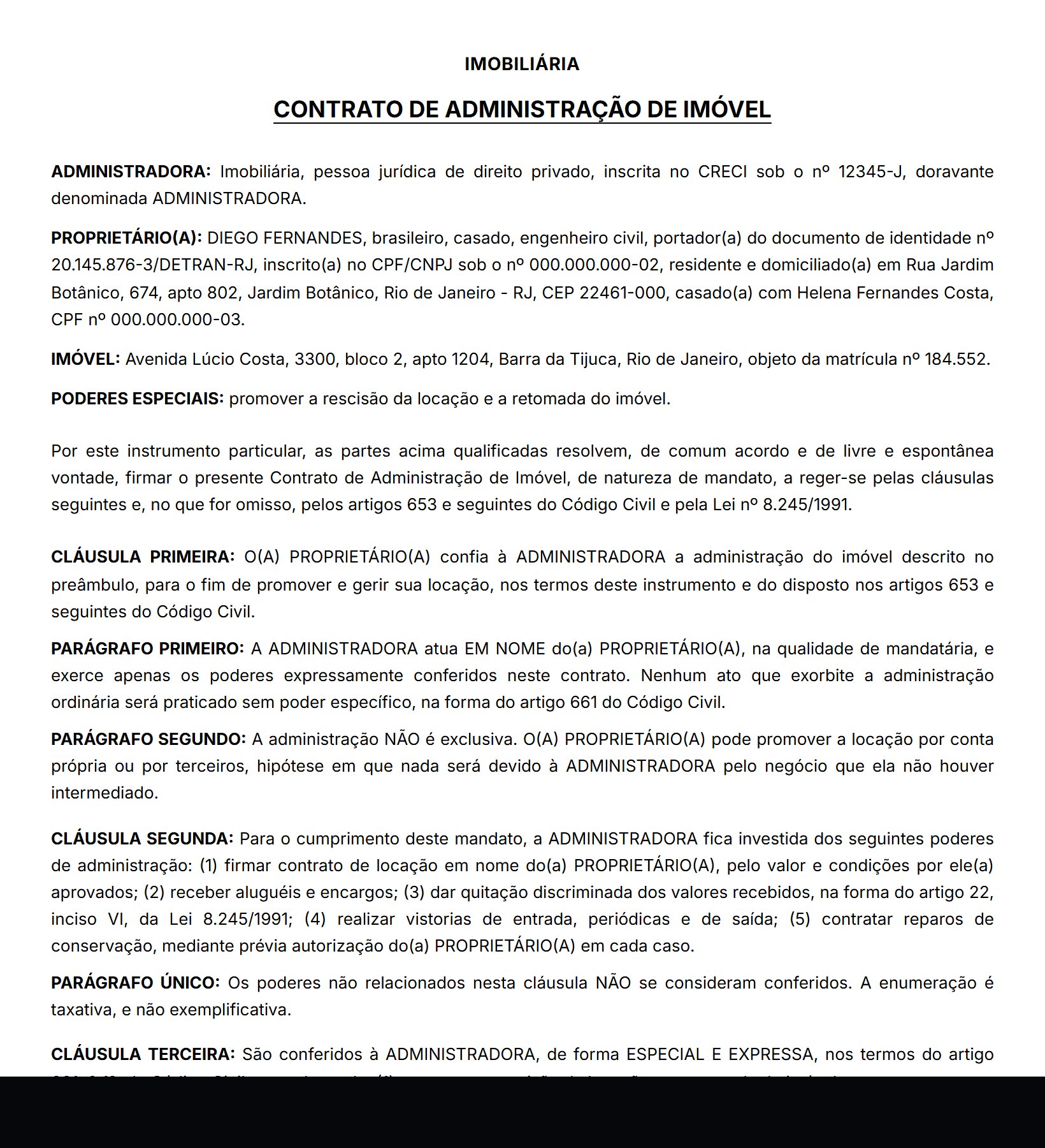 Contrato de administração gerado pelo CRM, com as partes qualificadas e as cláusulas de mandato.