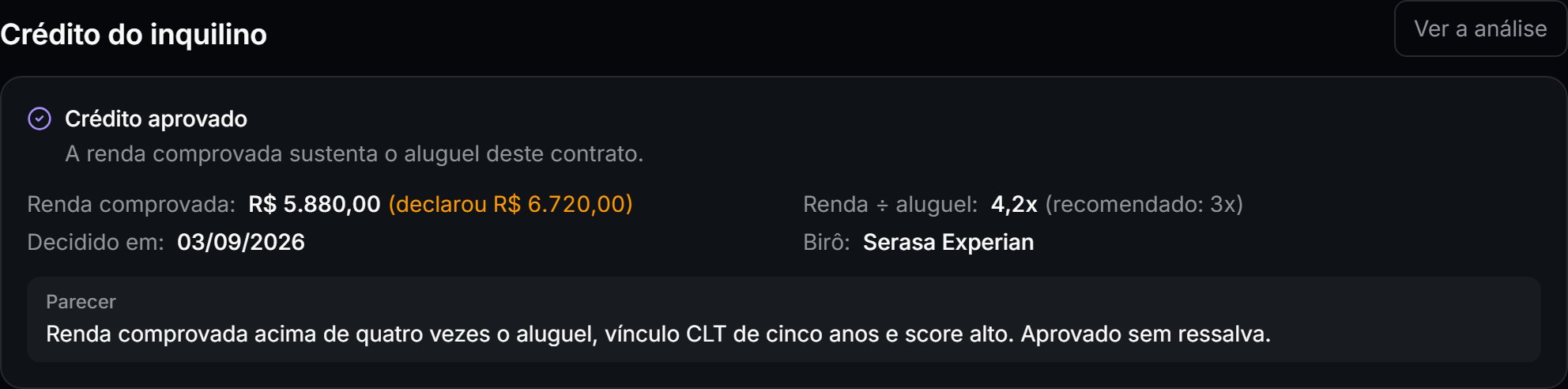 Bloco de crédito do inquilino: renda comprovada, relação renda por aluguel, birô e parecer.
