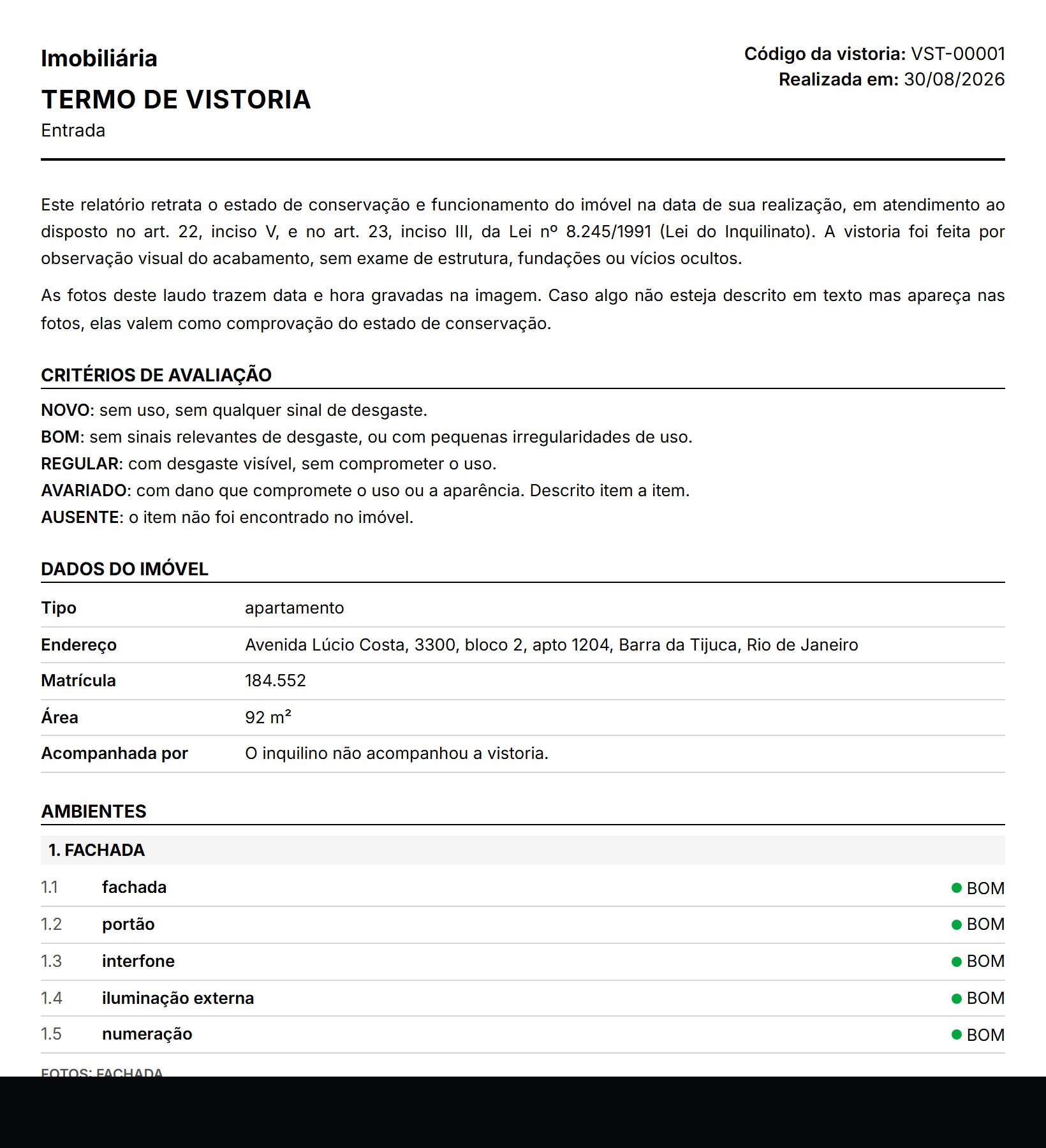 Termo de vistoria com critérios de avaliação e os ambientes item a item.