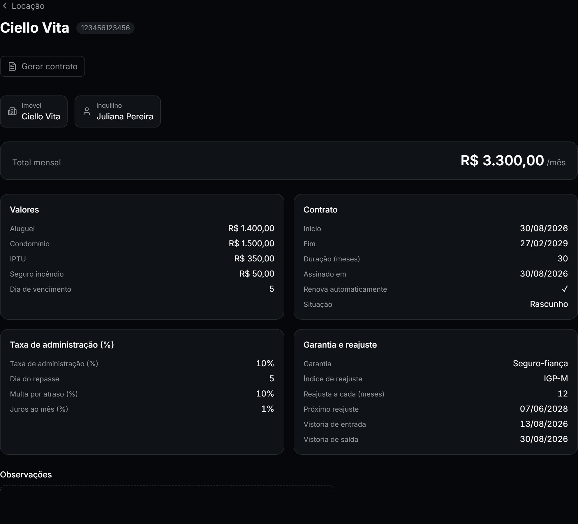 Ficha de uma locação no CRM: imóvel, inquilino, total mensal, valores, prazo, taxa de administração, garantia e reajuste